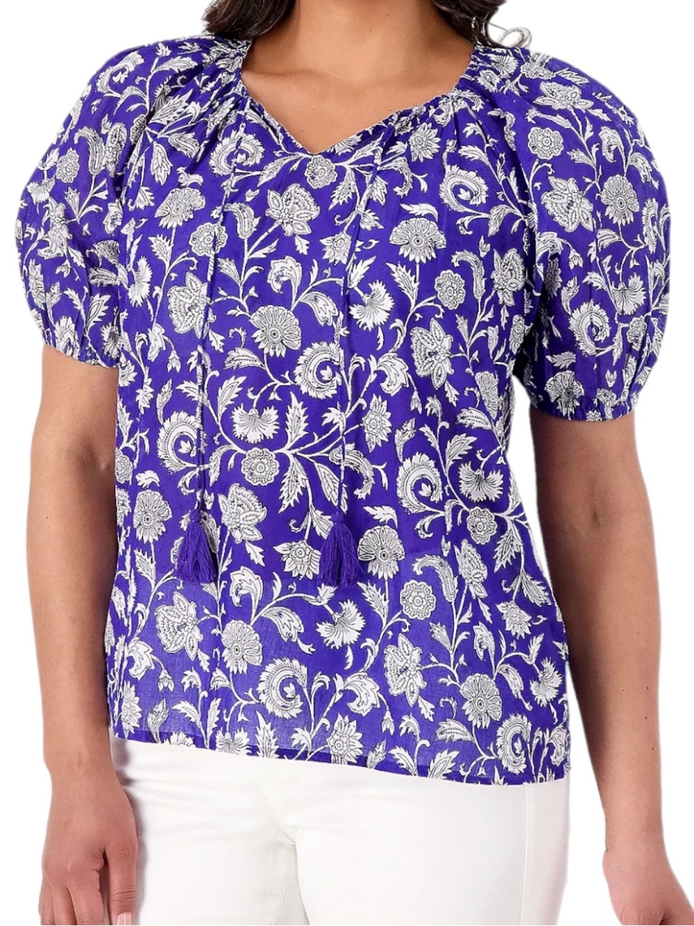Destination 365 Floral Pouf-Sleeve Peasant Blouse with Tassel Tie